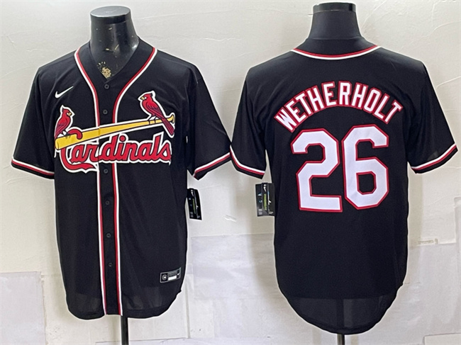 Men's St. Louis Cardinals #26 JJ Wetherholt 2026 Fashion Replica Black Out Stitched Baseball Jersey Men's St. Louis Cardinals #26 JJ Wetherholt 2026 Fashion Replica Black Out Stitched Baseball Jersey